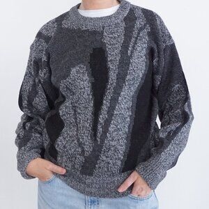 Vintage '80S Expressions Black Grey Knit Abstract Design Crewneck Sweater M